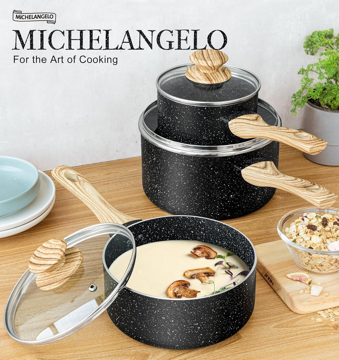 image:imageMICHELANGELO Saucepan Set 3Piece Nonstick Sauce Pans with Lids 1QT 2QT 3QT Black Granite Stone3Piece Set 1 quart 2 quarts 3 quarts