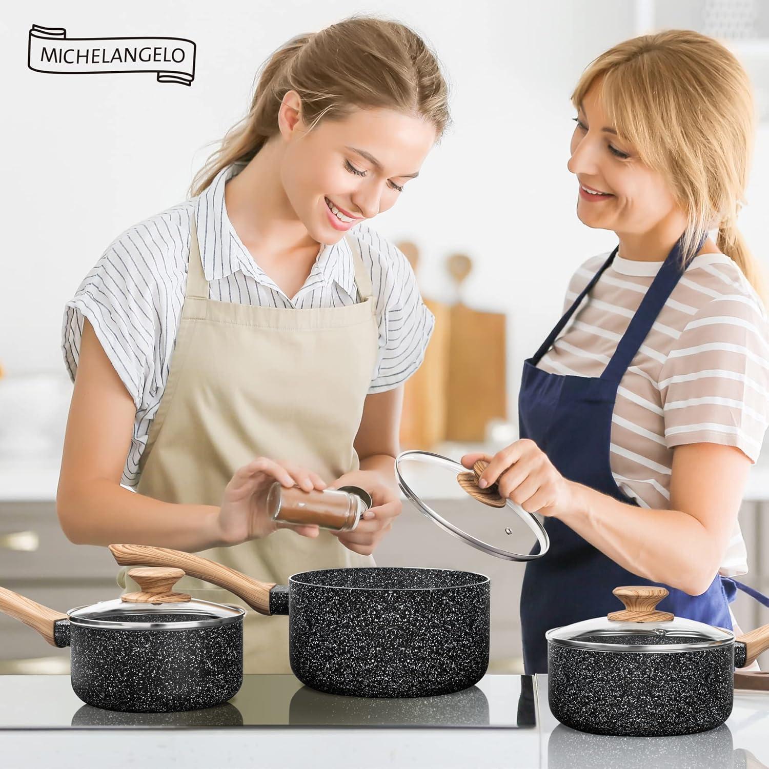image:imageMICHELANGELO Saucepan Set 3Piece Nonstick Sauce Pans with Lids 1QT 2QT 3QT Black Granite Stone3Piece Set 1 quart 2 quarts 3 quarts