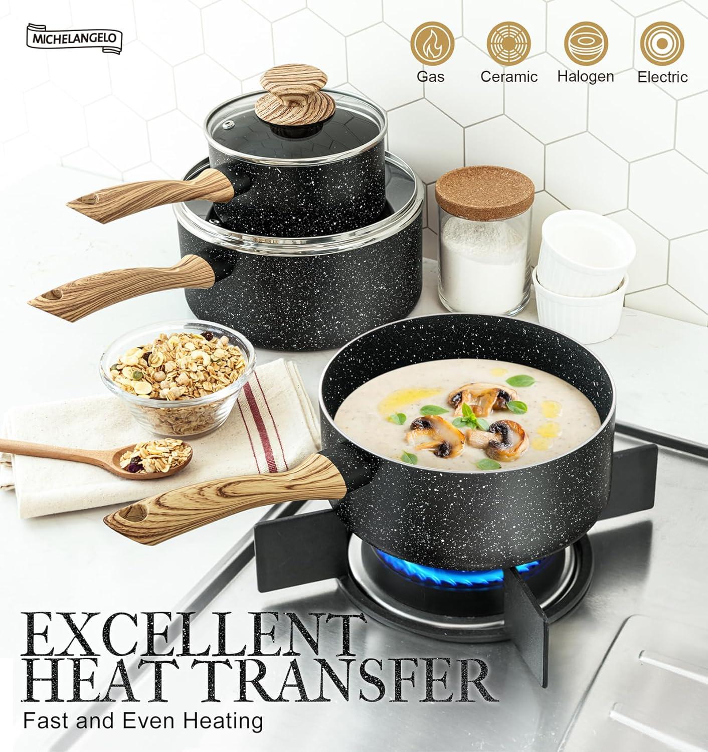 image:imageMICHELANGELO Saucepan Set Nonstick Sauce Pans with Granite Coatings Stone Sauce Pan with Lids Non Stick Pot Sets Sauce Pots 3 Piece 1Qt 2Qt amp 3QtBlack