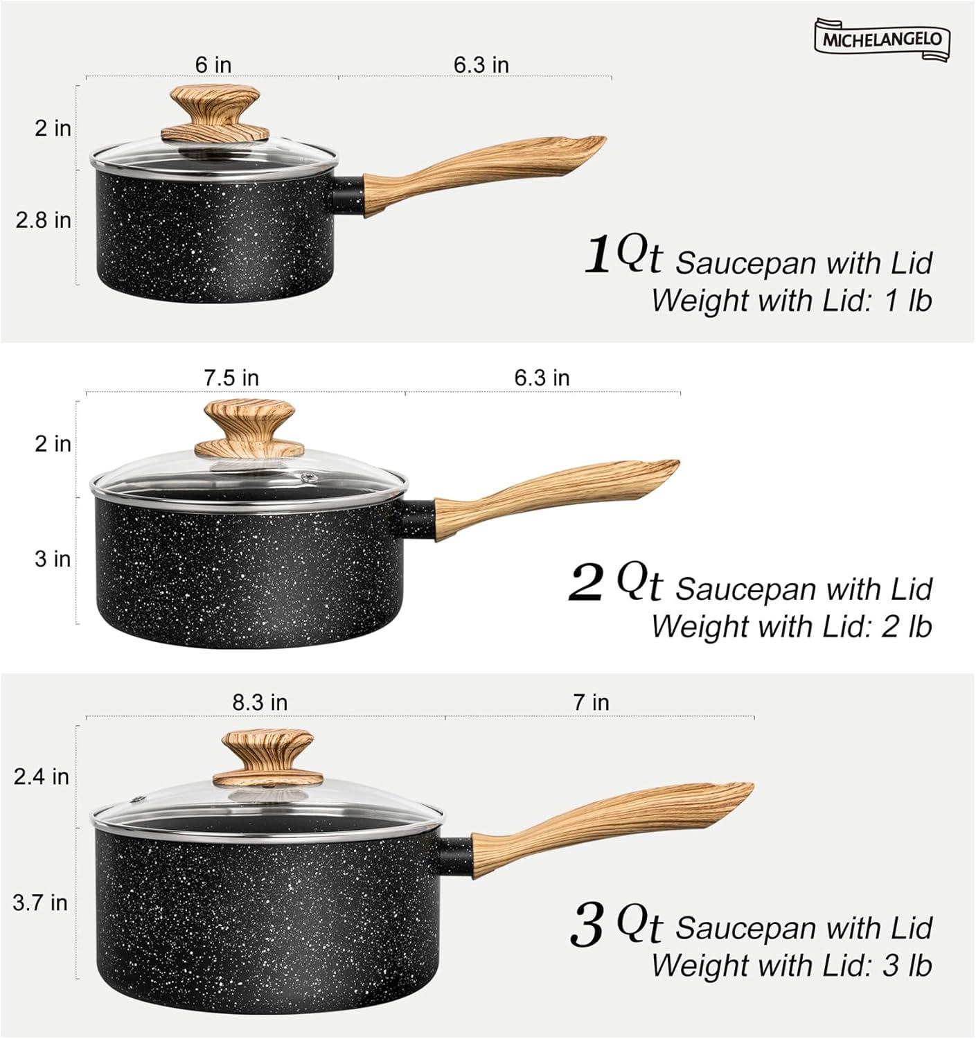 image:imageMICHELANGELO Saucepan Set Nonstick Sauce Pans with Granite Coatings Stone Sauce Pan with Lids Non Stick Pot Sets Sauce Pots 3 Piece 1Qt 2Qt amp 3QtBlack
