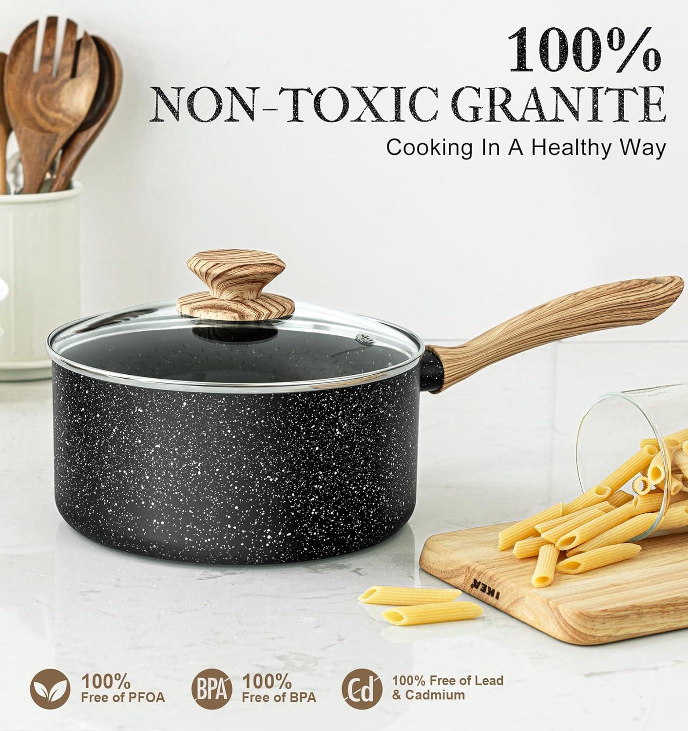 image:imageMICHELANGELO Saucepan Set Nonstick Sauce Pans with Granite Coatings Stone Sauce Pan with Lids Non Stick Pot Sets Sauce Pots 3 Piece 1Qt 2Qt amp 3QtBlack