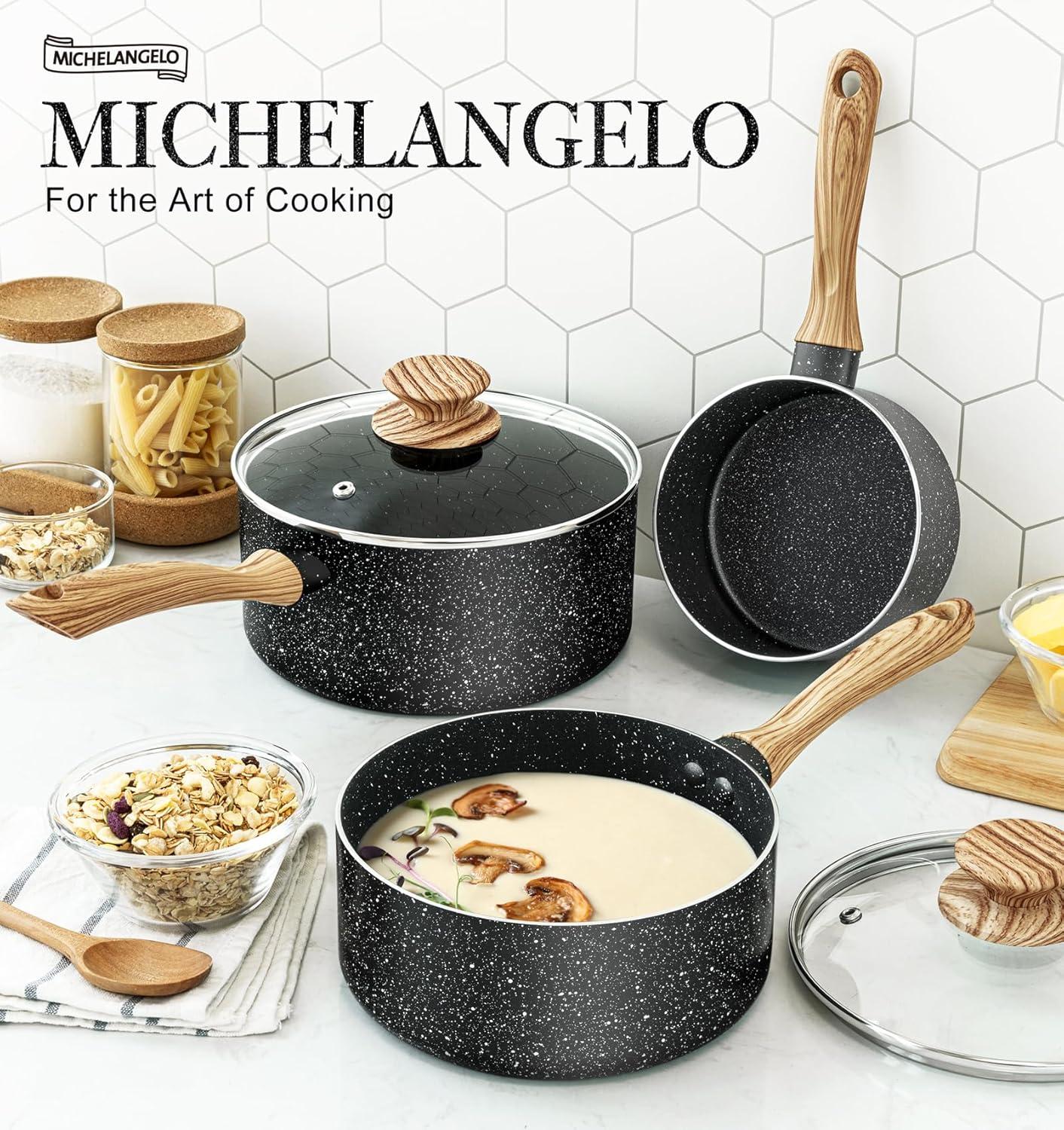image:imageMICHELANGELO Saucepan Set Nonstick Sauce Pans with Granite Coatings Stone Sauce Pan with Lids Non Stick Pot Sets Sauce Pots 3 Piece 1Qt 2Qt amp 3QtBlack
