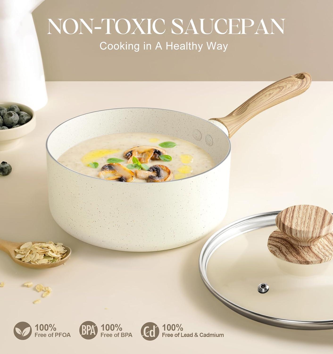 image:imageMICHELANGELO Saucepan Set Nonstick Sauce Pans with Granite Coatings Stone Sauce Pan with Lids Non Stick Pot Sets Sauce Pots 3 Piece 1Qt 2Qt amp 3QtWhite