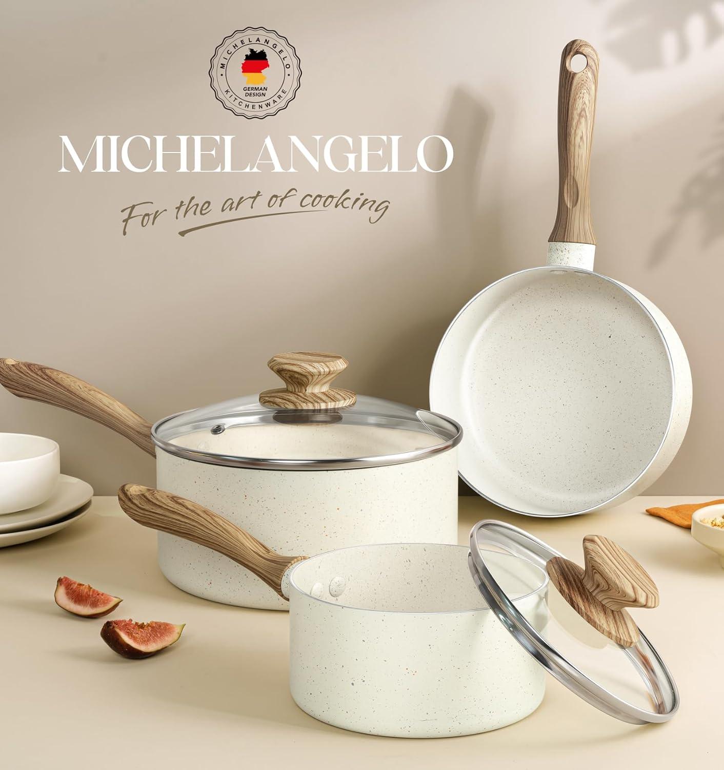 image:imageMICHELANGELO Saucepan Set Nonstick Sauce Pans with Granite Coatings Stone Sauce Pan with Lids Non Stick Pot Sets Sauce Pots 3 Piece 1Qt 2Qt amp 3QtWhite