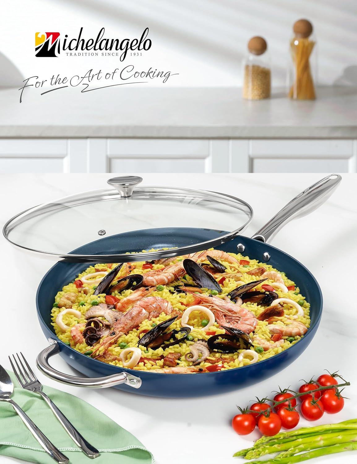 image:imageMICHELANGELO Small Frying Pan 8 Inch Nonstick Frying Pan with Lid NonToxic Omelette Pan with Stainless Handle Nonstick Skillet BlueCeramic14inch