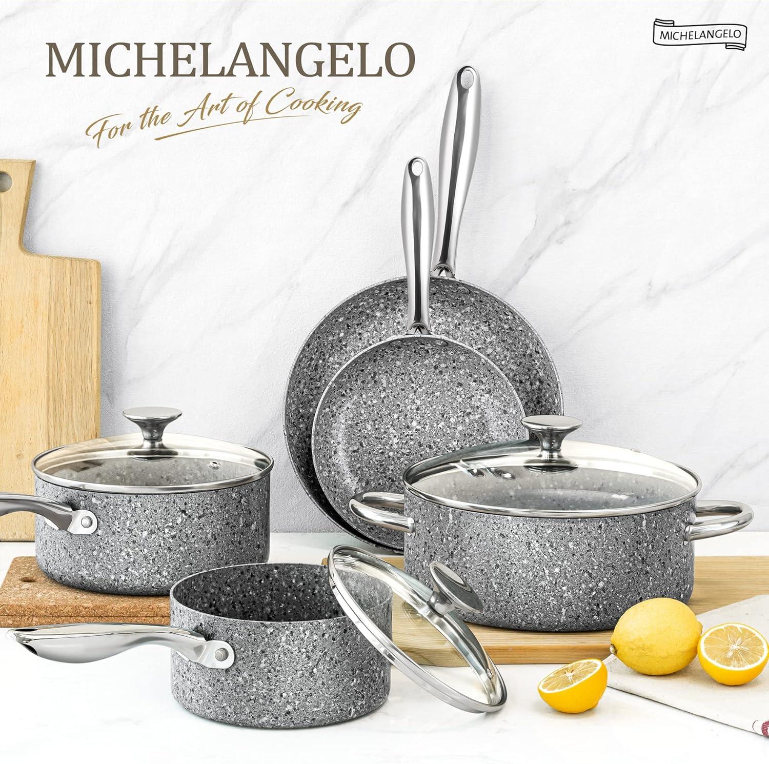 image:imageMICHELANGELO Stone Cookware Set 10 Piece Ultra Nonstick Pots and Pans Set with StoneDerived Coating Kitchen Cookware Sets Stone Cookware Sets Granite Pots and Pans 10 PieceGrey 10 Piece