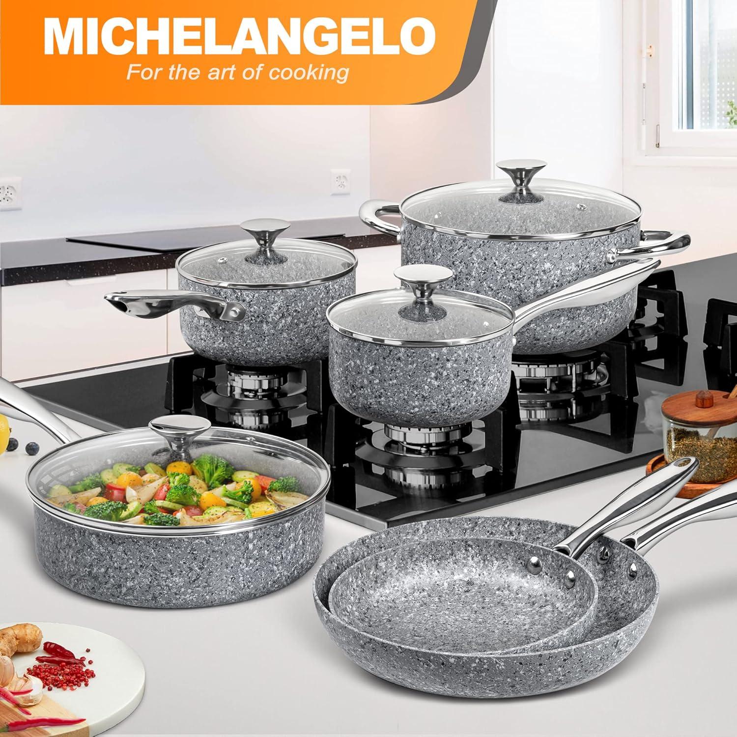 image:imageMICHELANGELO Stone Cookware Set 10 Piece Ultra Nonstick Pots and Pans Set with StoneDerived Coating Kitchen Cookware Sets Stone Cookware Sets Granite Pots and Pans 10 PieceGrey 15 Piece
