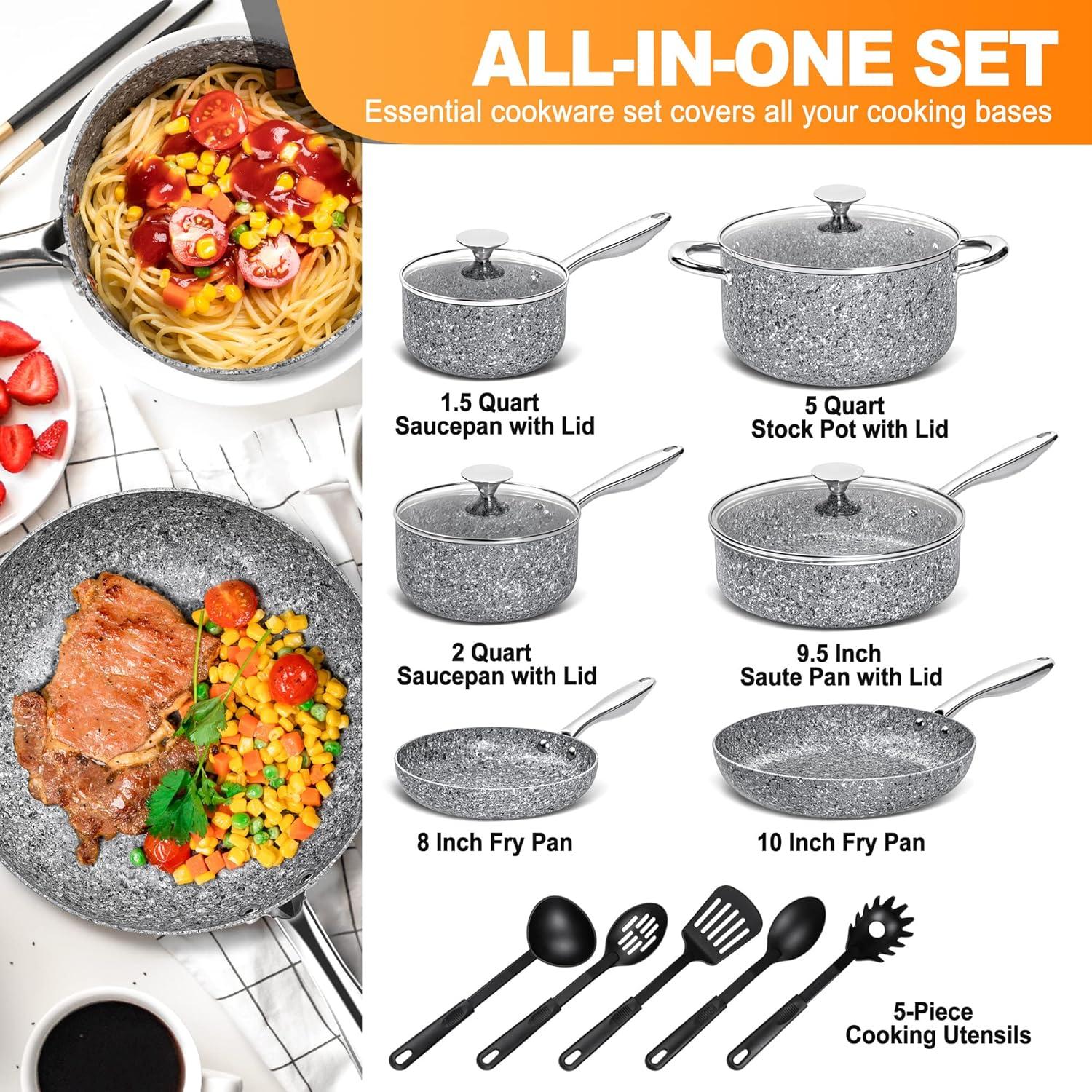 image:imageMICHELANGELO Stone Cookware Set 10 Piece Ultra Nonstick Pots and Pans Set with StoneDerived Coating Kitchen Cookware Sets Stone Cookware Sets Granite Pots and Pans 10 PieceGrey 15 Piece