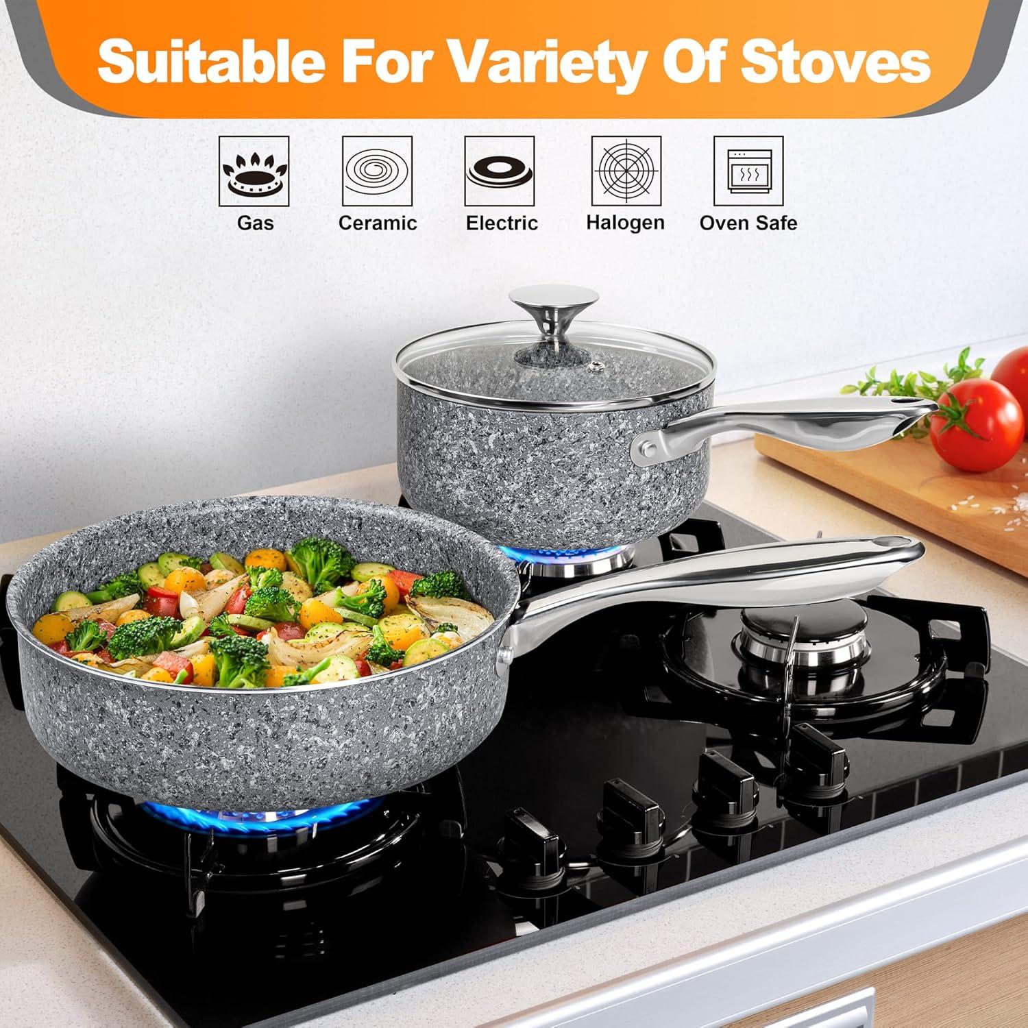 image:imageMICHELANGELO Stone Cookware Set 10 Piece Ultra Nonstick Pots and Pans Set with StoneDerived Coating Kitchen Cookware Sets Stone Cookware Sets Granite Pots and Pans 10 PieceGrey 15 Piece