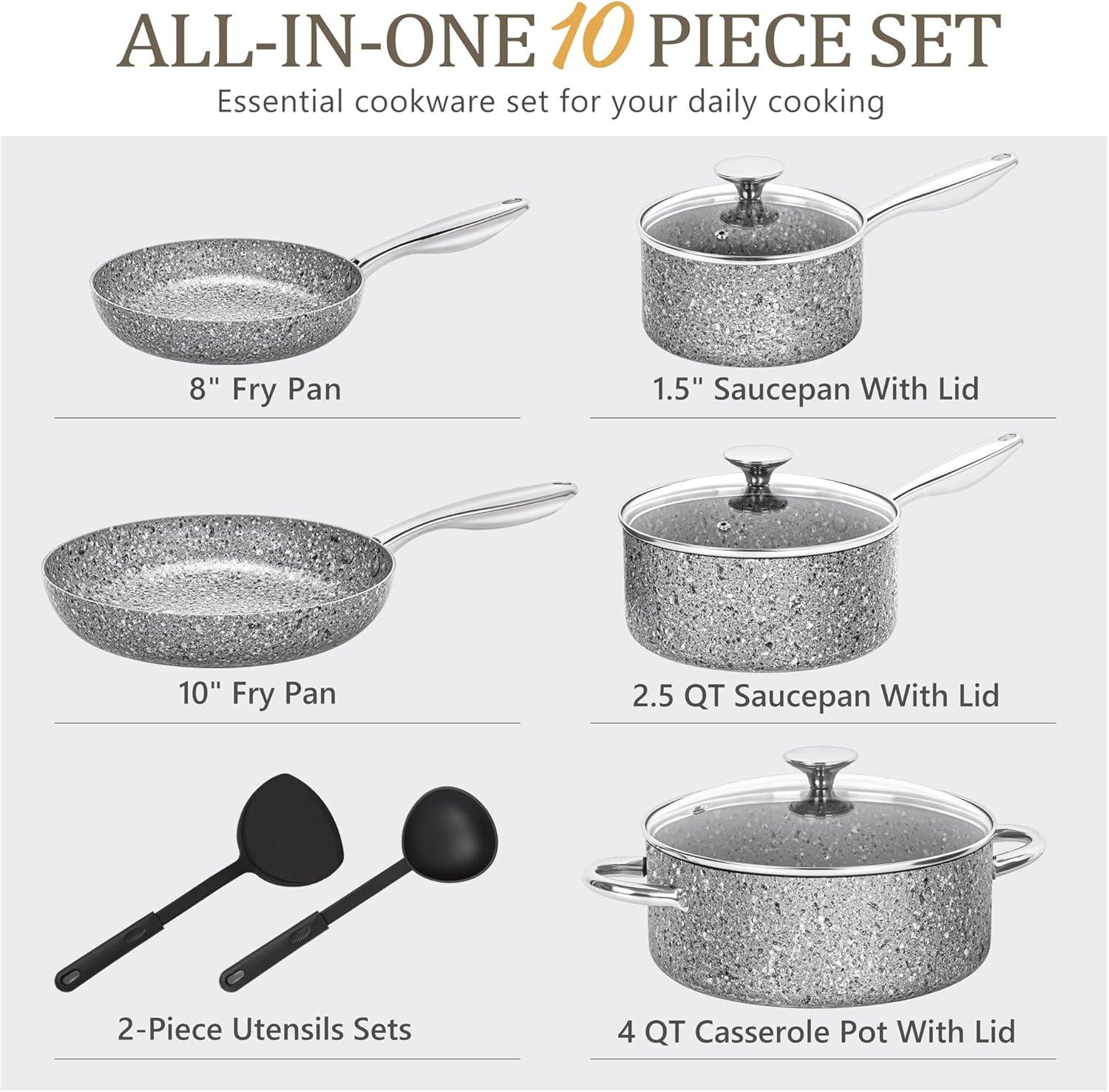 image:imageMICHELANGELO Stone Cookware Set 10 Piece Ultra Nonstick Pots and Pans Set with StoneDerived Coating Kitchen Cookware Sets Stone Cookware Sets Granite Pots and Pans 10 PieceGrey 10 Piece
