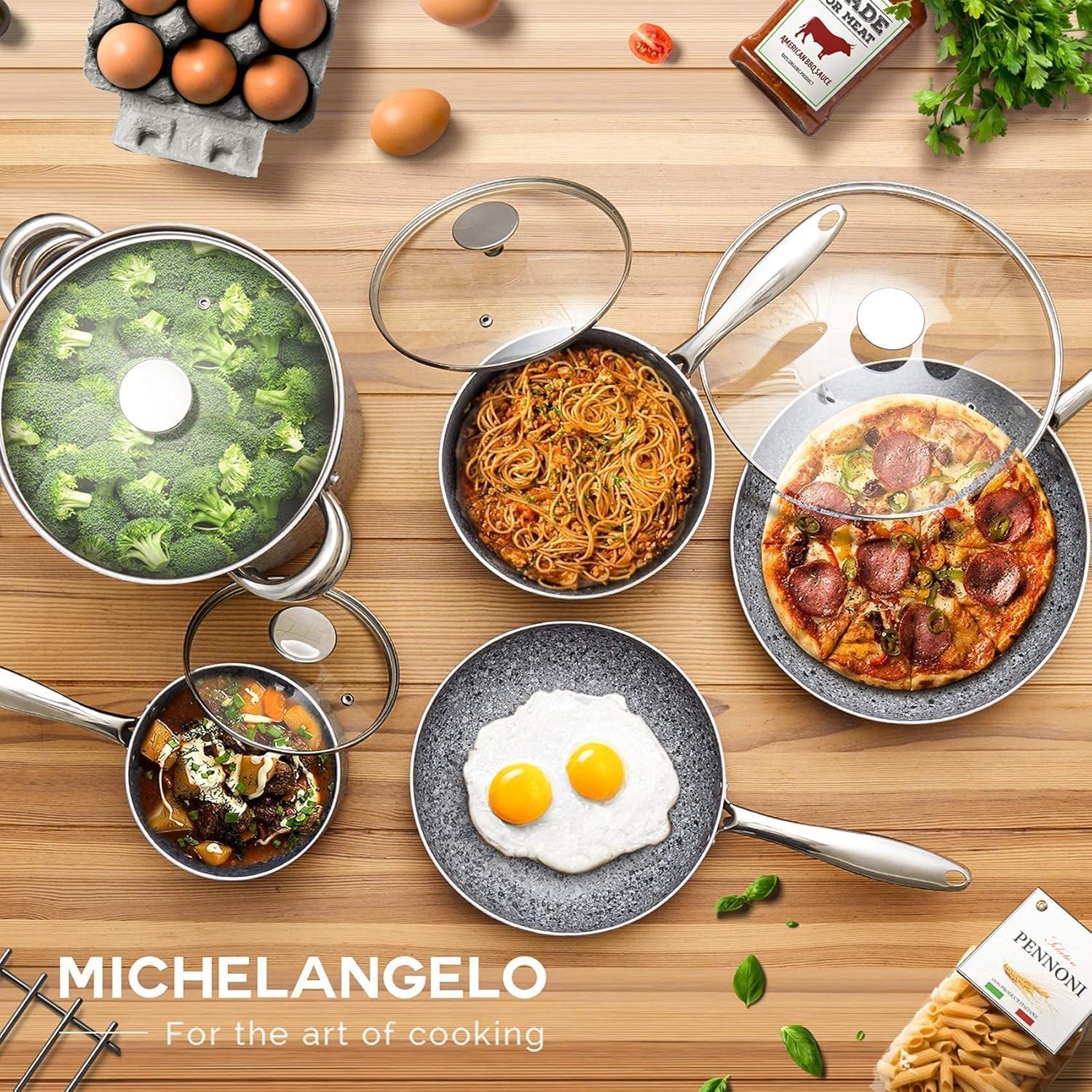 image:imageMichelangelo Stone 10 Piece Cookware Set with 12 Inch Frying Pan Nonstick Aluminum Pots and Pans Heat Resistant Oven Safe