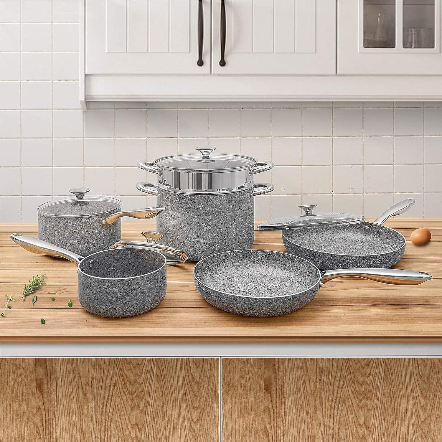 image:imageMichelangelo Stone 10 Piece Cookware Set with 12 Inch Frying Pan Nonstick Aluminum Pots and Pans Heat Resistant Oven Safe