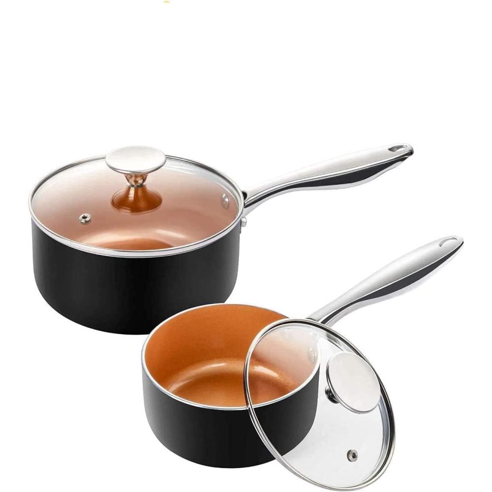 image:imageMICHELANGELO 1 Quart  3 Quart Saucepan Set with Lid Copper with Black Finish 2Piece Set NonToxic Ceramic amp Titanium Interior