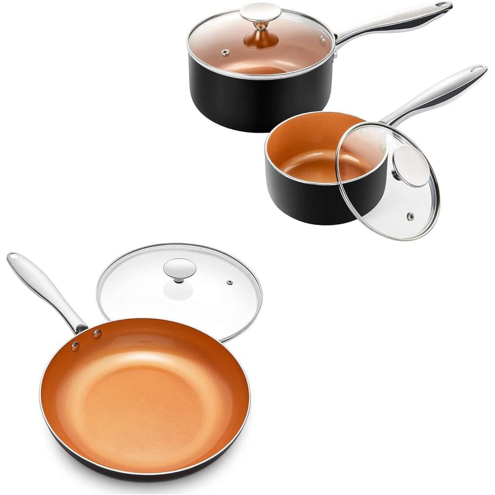 image:imageMICHELANGELO 3 Piece Orange Aluminum Cookware Set 1Qt amp 2Qt Saucepan with Lids 8 Inch Frying Pan