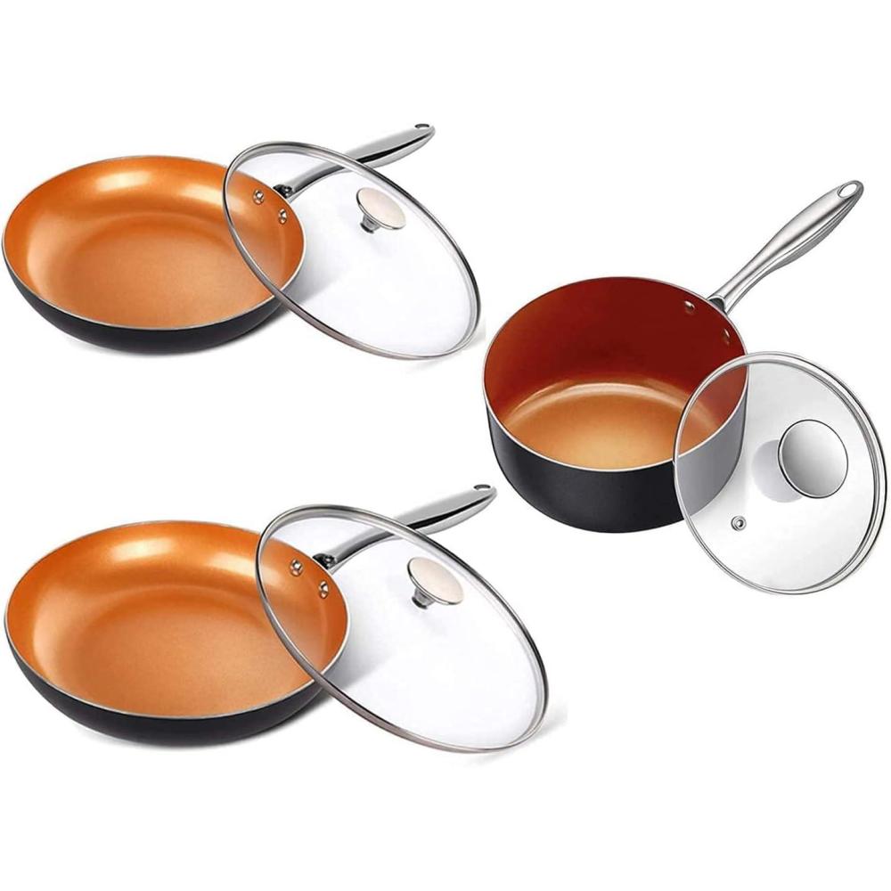 image:imageMICHELANGELO 3 Quart Saucepan  8 Inch 10 Inch Frying Pan with Lid Ultra Nonstick Coppper Pan Set with Lid Ceramic Nonstick Pan Set with Lid and Copper Pot and Pan