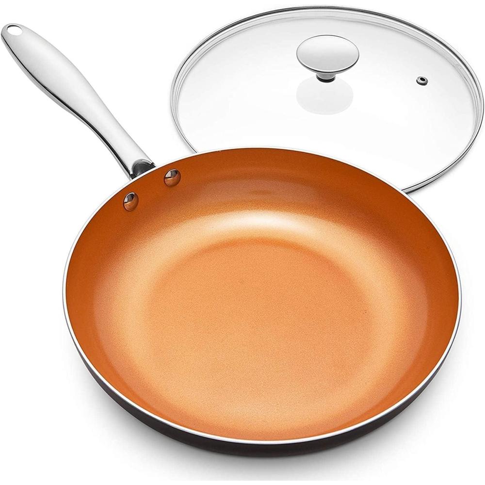 image:imageMICHELANGELO Copper Frying Pan Set with Lid 8 amp 10 Nonstick Skillets with Lids Non Stick Frying Pans Set Ceramic Non Toxic Fry Pans Induction CompatibleOrange