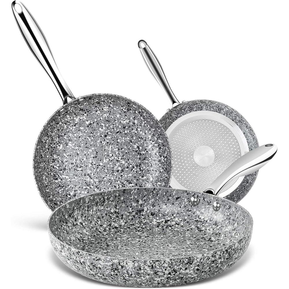 image:imageMICHELANGELO Frying Pans Set with 100 APEO amp PFOAFree Stone Non Stick Coating Granite Skillet Set Nonstick Skillets 3 Pcs89511 inch89511 inch