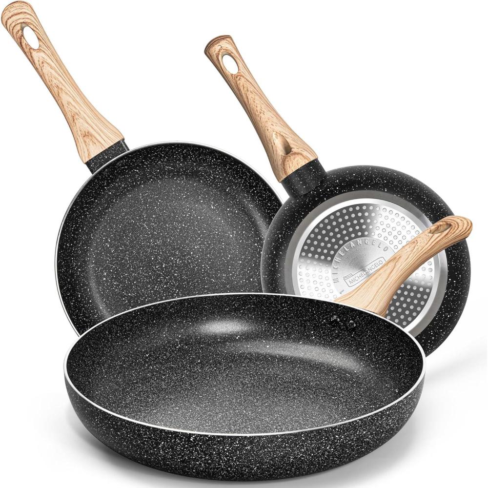 image:imageMICHELANGELO Granite Frying Pans 8 Inch 95 Inch and 11 Inch Nonstick Frying Pan Set with AntiScald Handle WhiteBlack Granite