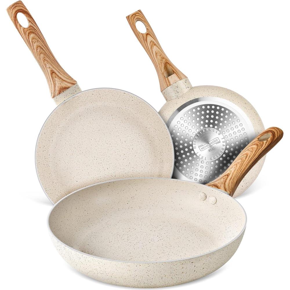 image:imageMICHELANGELO Granite Frying Pans 8 Inch 95 Inch and 11 Inch Nonstick Frying Pan Set with AntiScald Handle WhiteWhite