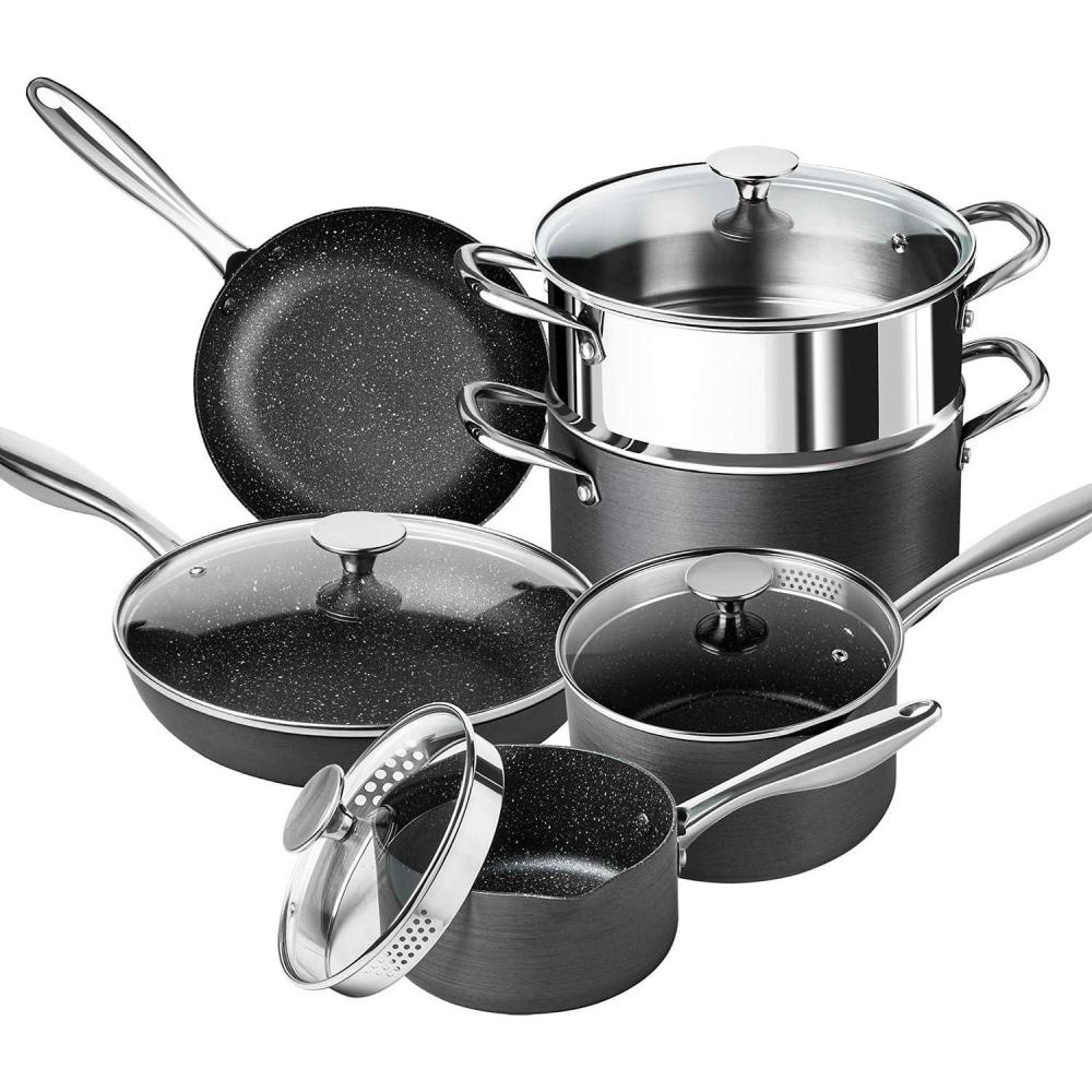 image:imageMICHELANGELO Hard Anodized Cookware Set 10 Pcs Non Stick Pots and Pans Set with Granite Interior Induction Cookware Set with Steamer InsertHard Anodized 10 pcs