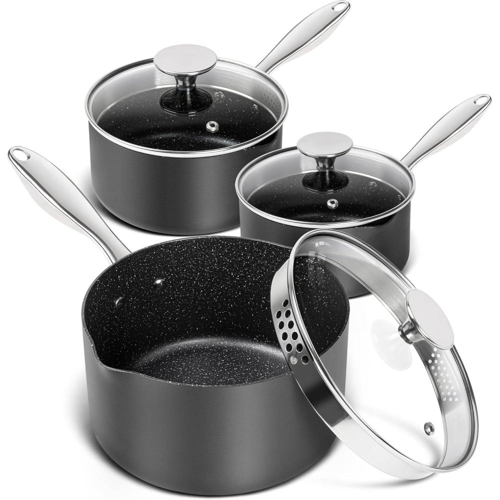 image:imageMICHELANGELO Hard Anodized Saucepan Set with Lids Nonstick Saucepan with Pour Spouts amp Strainer Lid for Easy Pour Granite Derived Coating Sauce Pot Set 15QT amp 2QT amp3QT Induction Sauce Pans1523 Quarts