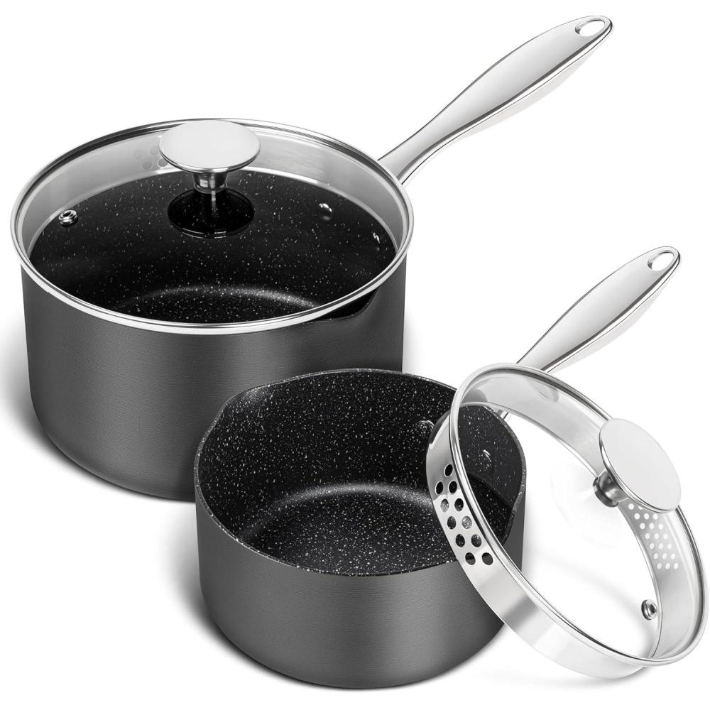 image:imageMICHELANGELO Hard Anodized Saucepan Set with Lids Nonstick Saucepan with Pour Spouts amp Strainer Lid for Easy Pour Granite Derived Coating Sauce Pot Set 15QT amp 2QT amp3QT Induction Sauce Pans153 Quarts