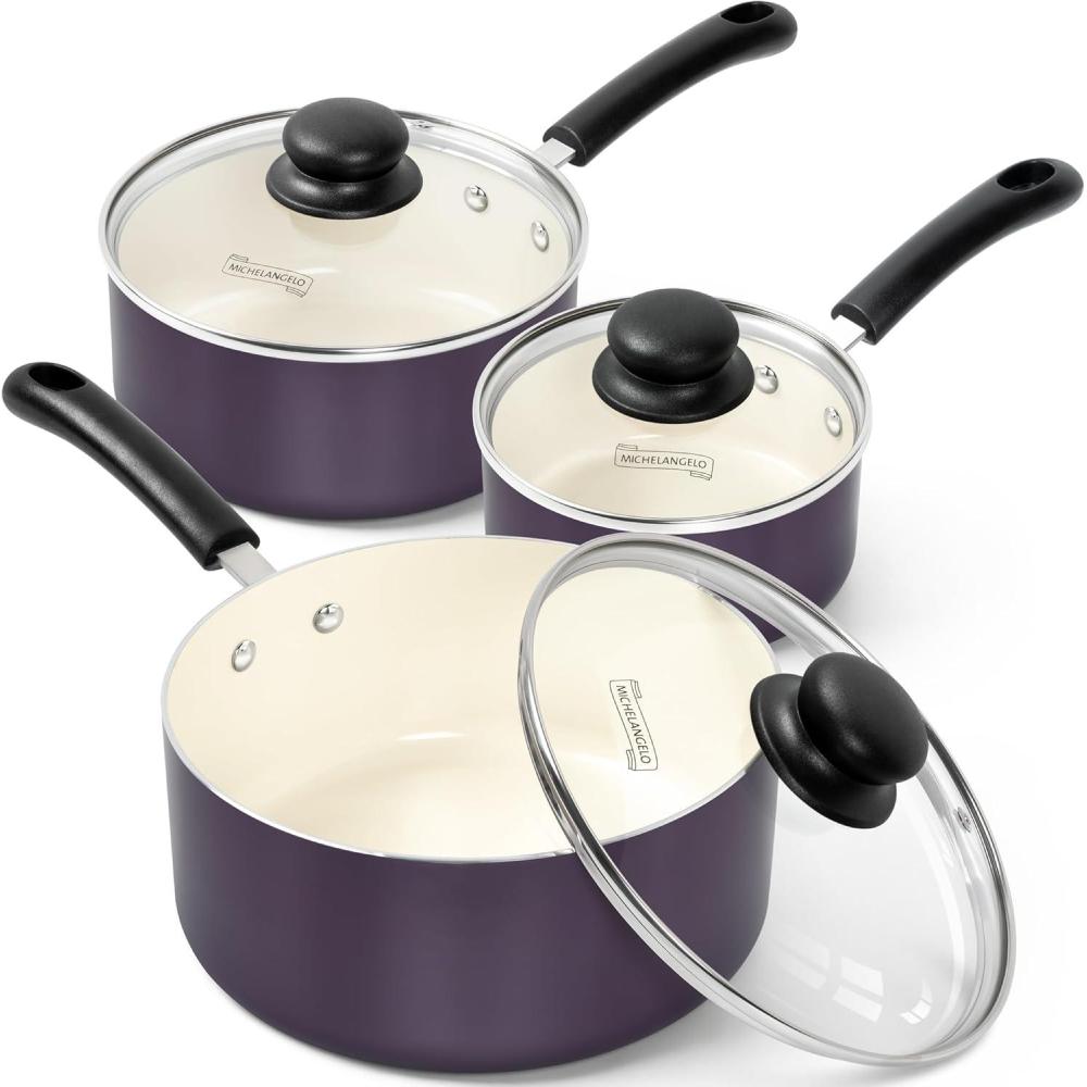 image:imageMICHELANGELO Nonstick Sauce Pan with Lid 1QT 2QT amp 3QT Ceramic Saucepan Set Copper Sauce pans NonToxic Saucepan Multipurpose Cooking Pots Set For Home Kitchen Compatible inductionPurple