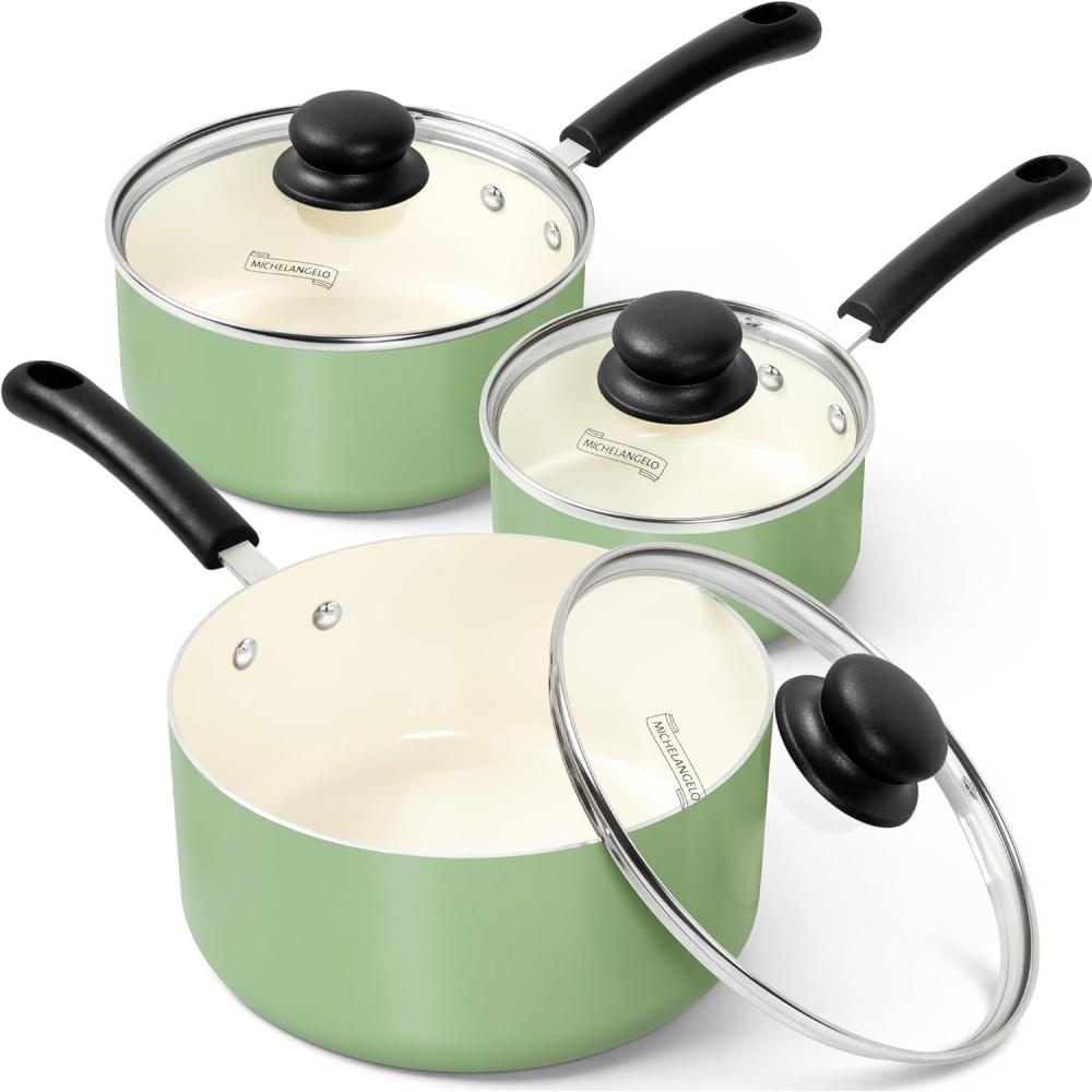 image:imageMICHELANGELO Nonstick Sauce Pan with Lid 1QT 2QT amp 3QT Ceramic Saucepan Set Copper Sauce pans NonToxic Saucepan Multipurpose Cooking Pots Set For Home Kitchen Compatible inductionGreen