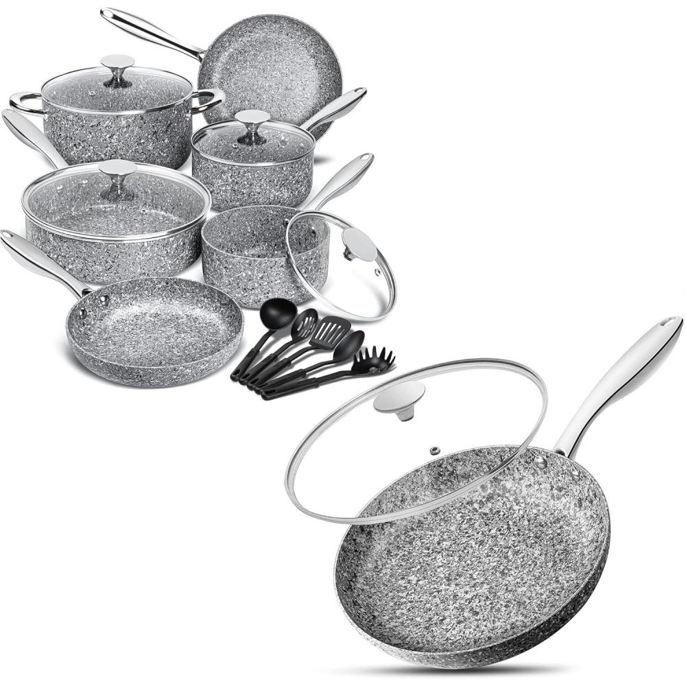 image:imageMICHELANGELO Pots and Pans Set 15 Piece Ultra Nonstick Kitchen Cookware Sets with StoneDerived Coating Stone Cookware Set with Untinsle Set amp 10 Inch Frying Pan with Lid