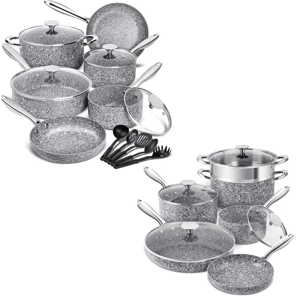 image:imageMICHELANGELO Pots and Pans Set 15 Piece Ultra Nonstick Kitchen Cookware Sets with StoneDerived Coating Stone Cookware Set with Untinsle Set amp Stone Cookware Set 10 Piece