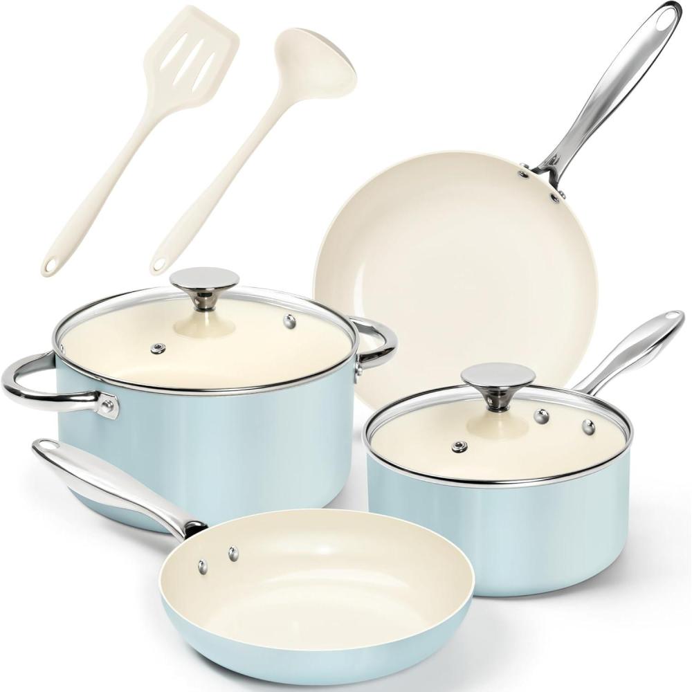 image:imageMICHELANGELO Pots and Pans Set Non Stick Titanium Cookware Set Non Toxic Ceramic Coating 8Pcs Nonstick Pots and Pans with Ergonomic Handle Dishwasher Safe amp Induction Compatible BlueCeramic Cookware Blue
