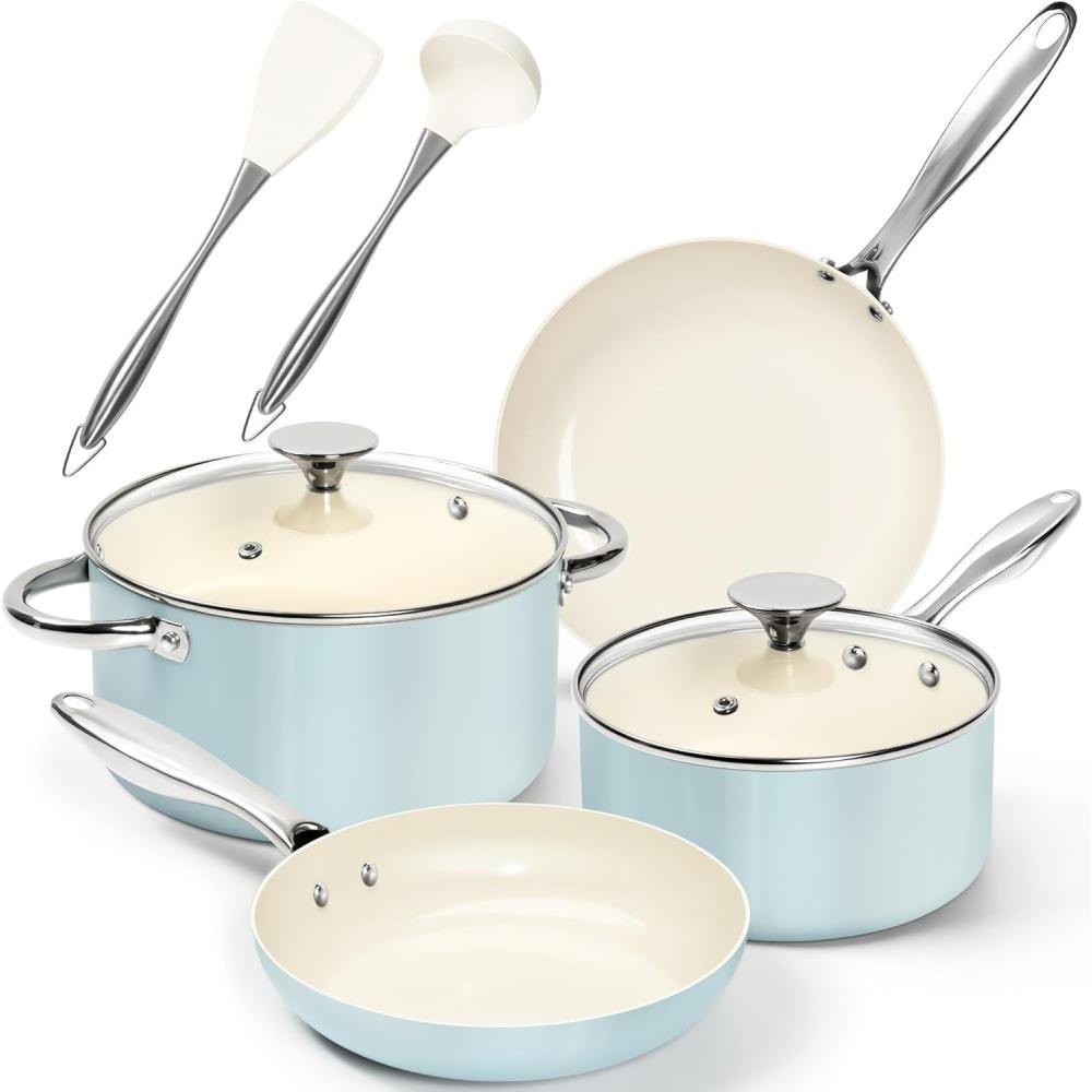 image:imageMICHELANGELO Pots and Pans Set Non Stick Ceramic Cookware Set 8Piece Nonstick Pots and Pans NonToxic Oven Safe amp Compatible with All Stovetops BlueBlue