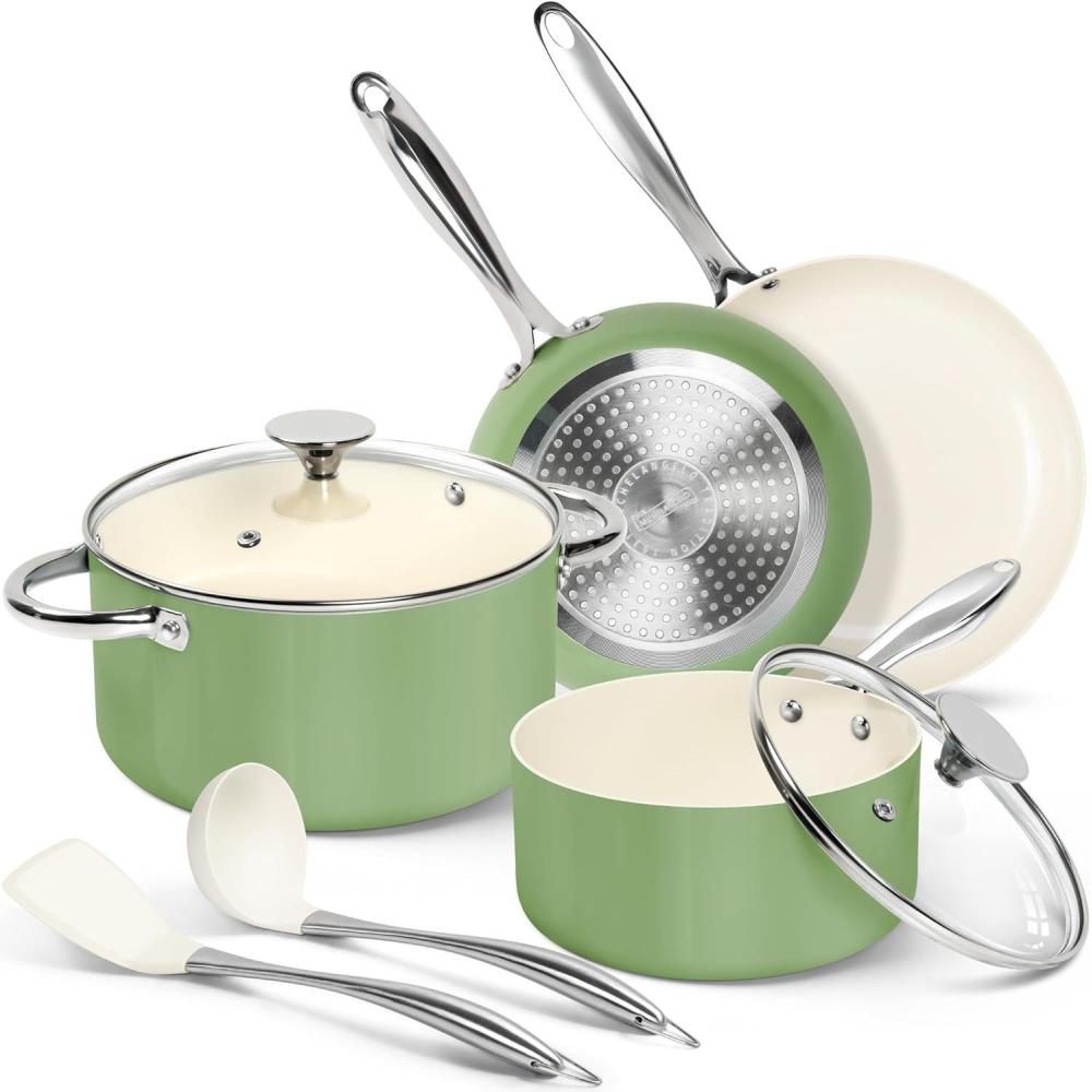 image:imageMICHELANGELO Pots and Pans Set Non Stick Ceramic Cookware Set 8Piece Nonstick Pots and Pans NonToxic Oven Safe amp Compatible with All Stovetops BlueGreen