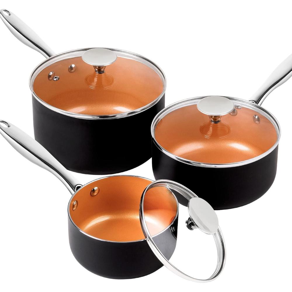 image:imageMICHELANGELO Sauce Pan with Lid 1Qt amp 2Qt amp 3Qt Sauce Pan Set Ceramic Saucepans with Lids Copper Small Pots Nonstick Saucepan Set Oven SafeCopper