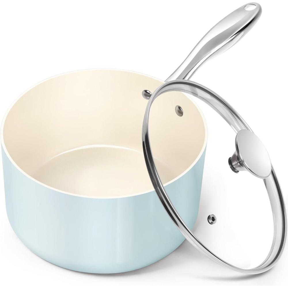 image:imageMICHELANGELO Sauce Pan with Lid Non Stick Saucepan Set of 31Qt amp 2Qt amp 3Qt Small Pots for Cooking Ceramic Saucepan  NonToxic ScratchResistant Oven Safe Light BlueLight Blue