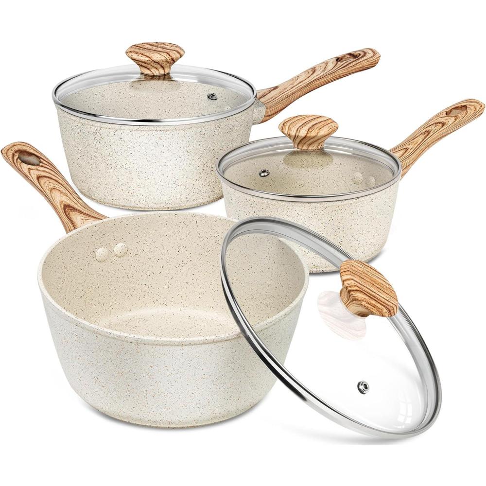 image:imageMICHELANGELO Sauce Pan with Lid Nonstick Saucepans Set 15QT 2QT amp 3QT Granite Sauce Pan 3 Piece Stone Saucepan Set Small Pot with Lid Non Stick Sauce Pot Set White