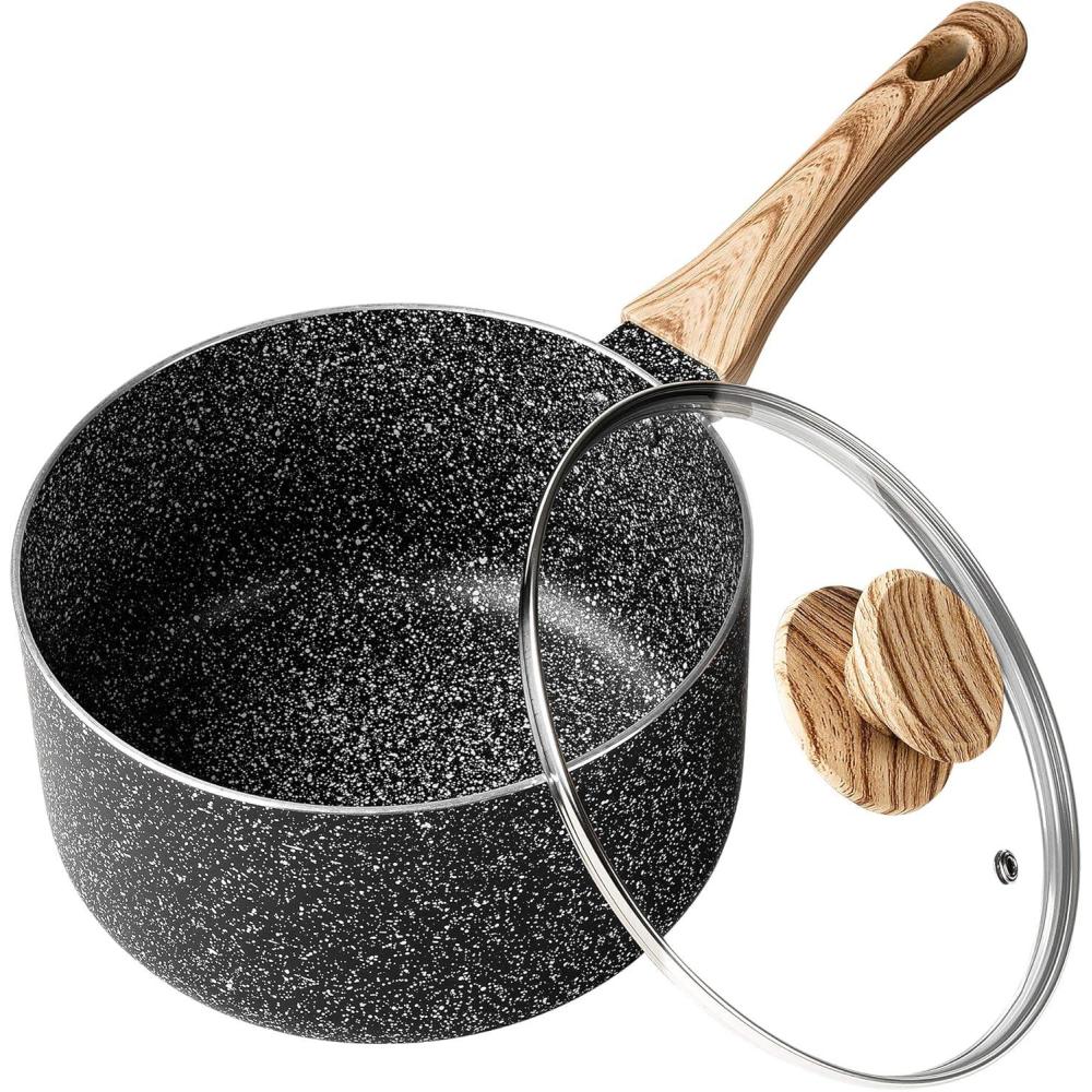 image:imageMICHELANGELO Saucepan Set 3Piece Nonstick Sauce Pans with Lids 1QT 2QT 3QT Black Granite Stone3 Quarts