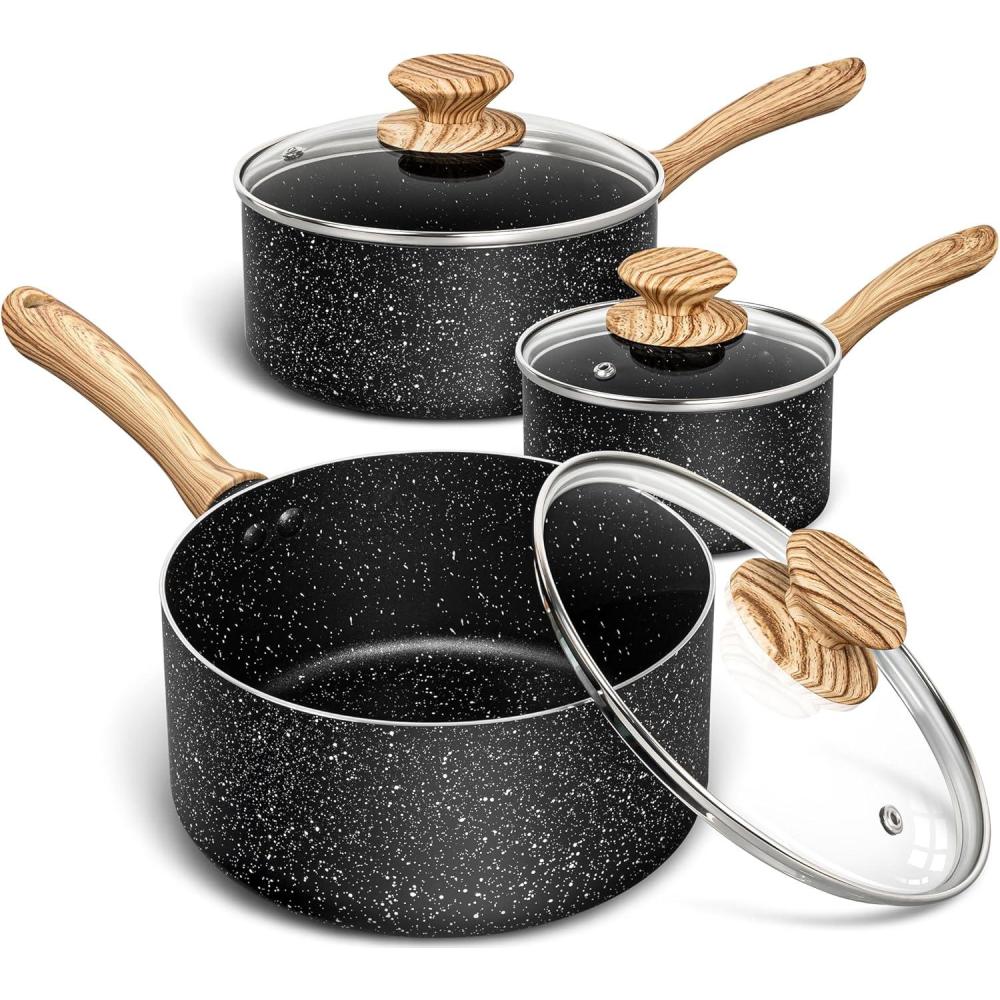 image:imageMICHELANGELO Saucepan Set Nonstick Sauce Pans with Granite Coatings Stone Sauce Pan with Lids Non Stick Pot Sets Sauce Pots 3 Piece 1Qt 2Qt amp 3QtBlack