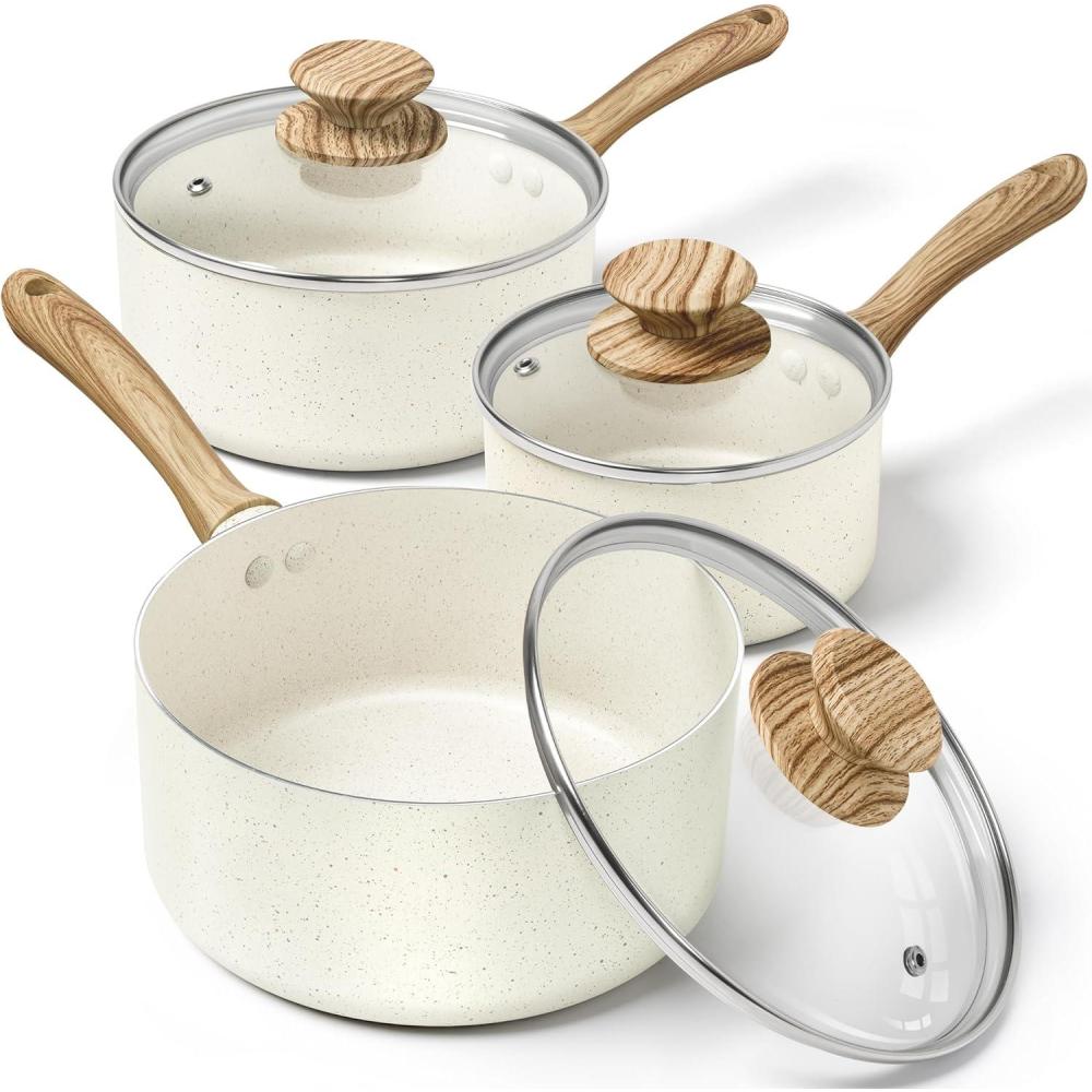 image:imageMICHELANGELO Saucepan Set Nonstick Sauce Pans with Granite Coatings Stone Sauce Pan with Lids Non Stick Pot Sets Sauce Pots 3 Piece 1Qt 2Qt amp 3QtWhite