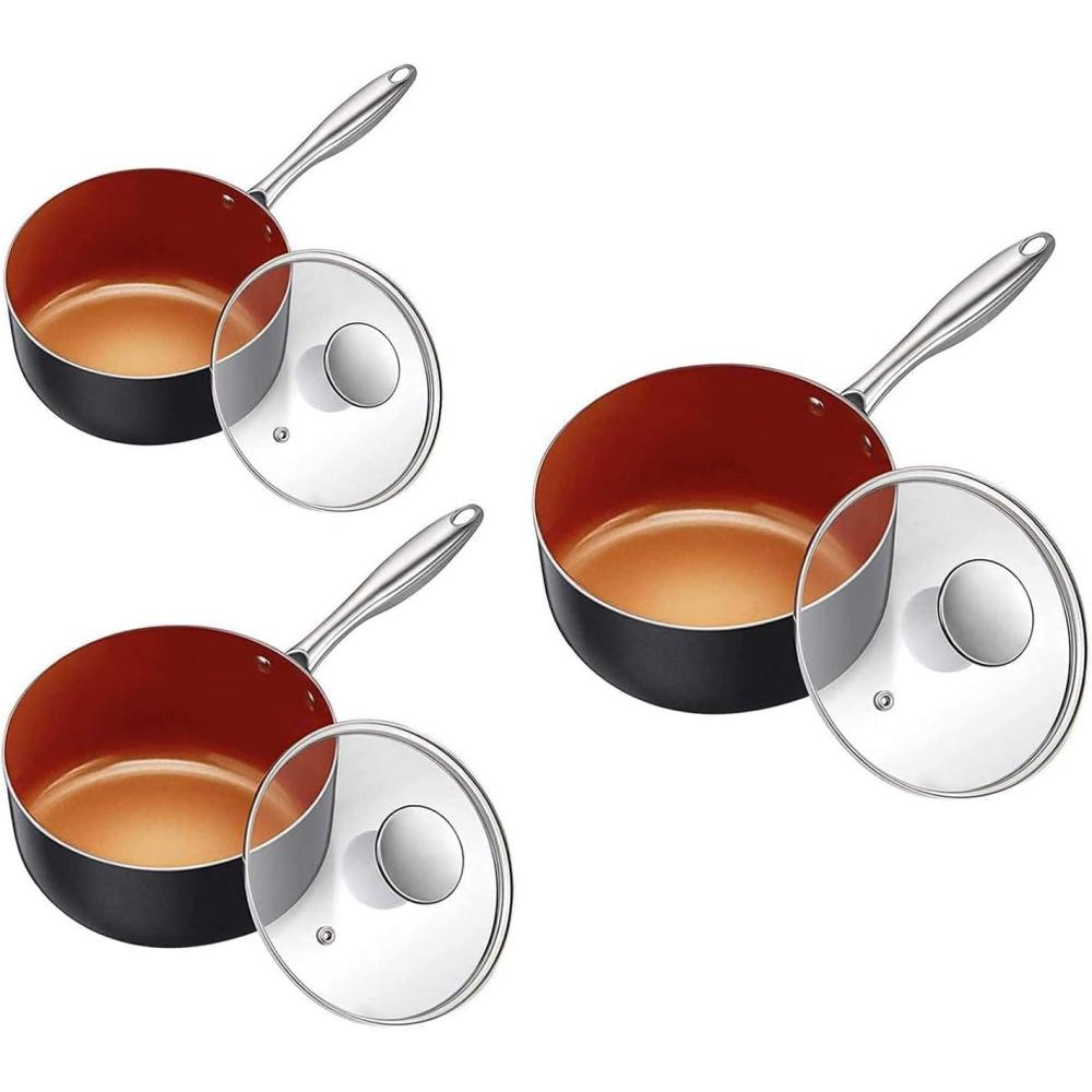 image:imageMICHELANGELO Saucepan Set with Lid Nonstick 1Qt amp 2Qt  3QT Copper Sauce Pan Set with Lid Small Pot with Lid Ceramic Nonstick Saucepan Set Small Sauce Pots Copper Pot Set