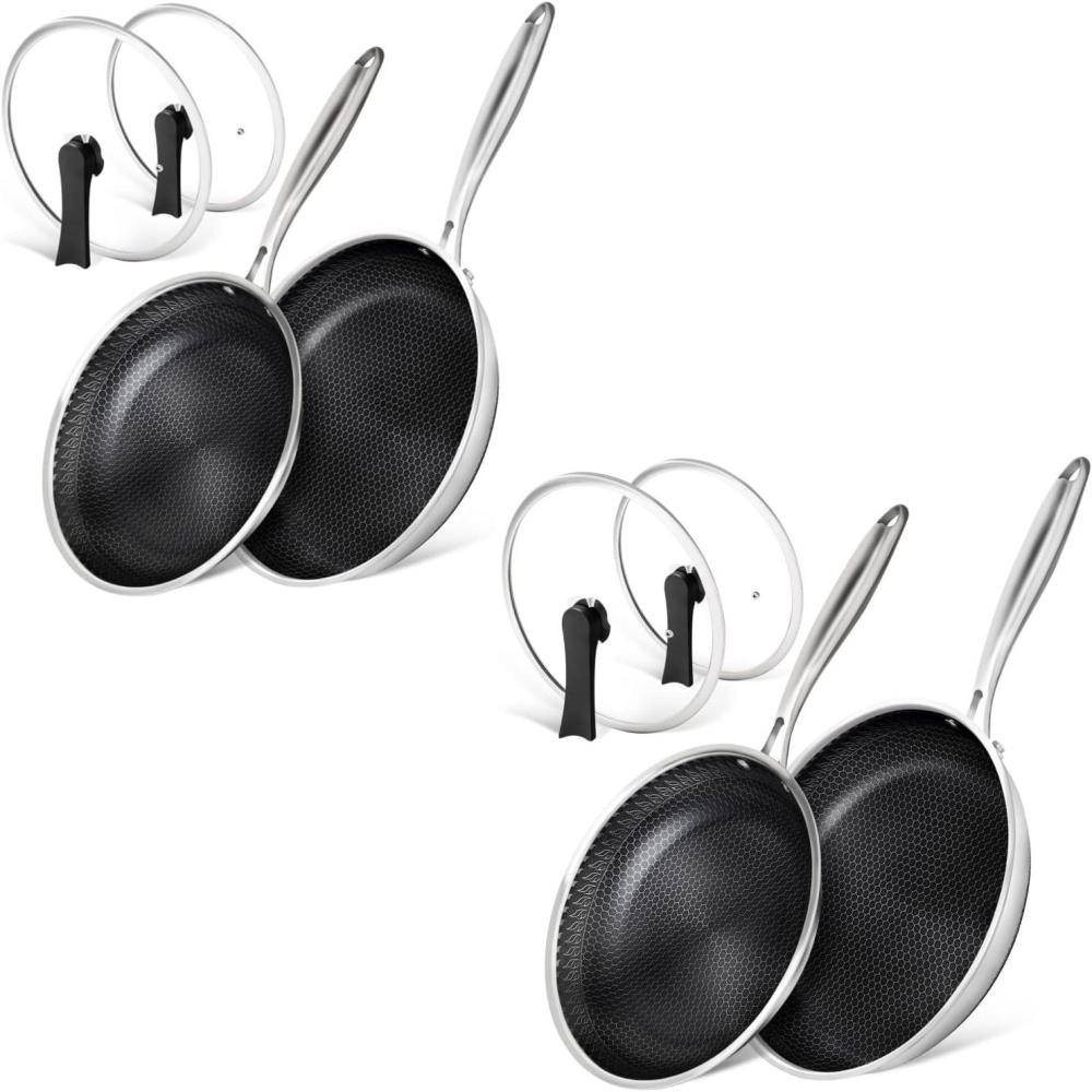 image:imageMICHELANGELO Stainless Steel Frying Pan Set with Lids Frying Pans Nonstick Stainless Steel Fry Pan Set Honeycomb Pans for Cooking Skillet with Lid  Induction Compatible