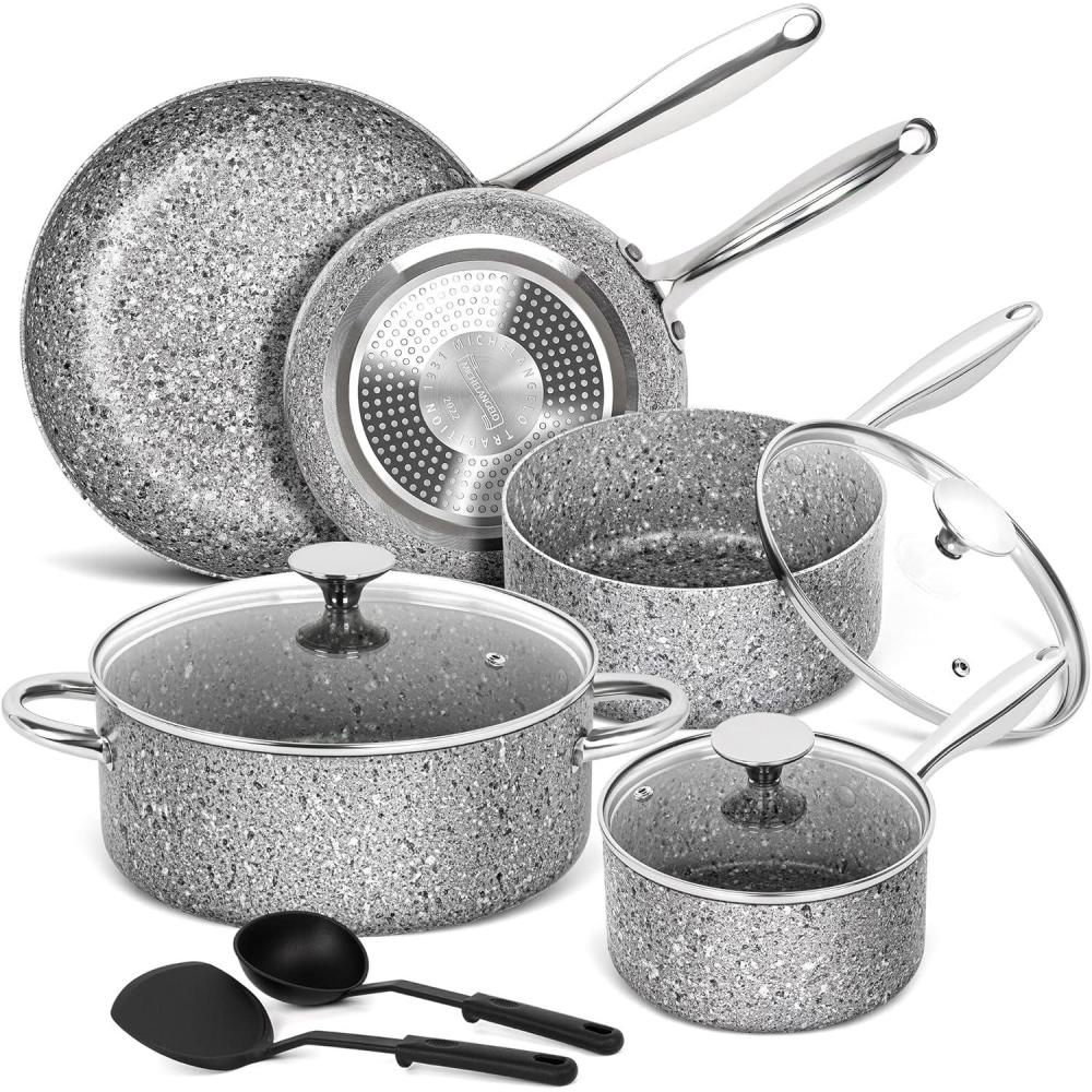 image:imageMICHELANGELO Stone Cookware Set 10 Piece Ultra Nonstick Pots and Pans Set with StoneDerived Coating Kitchen Cookware Sets Stone Cookware Sets Granite Pots and Pans  10 PieceGrey 10 Piece