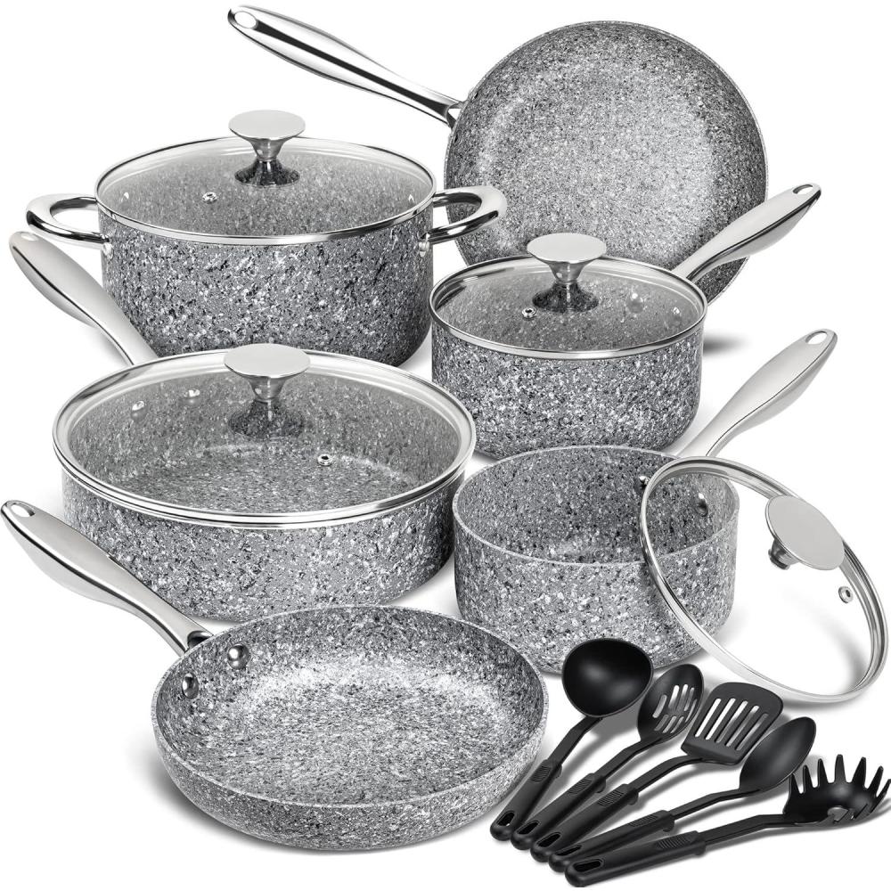 image:imageMICHELANGELO Stone Cookware Set 10 Piece Ultra Nonstick Pots and Pans Set with StoneDerived Coating Kitchen Cookware Sets Stone Cookware Sets Granite Pots and Pans 10 PieceGrey 15 Piece