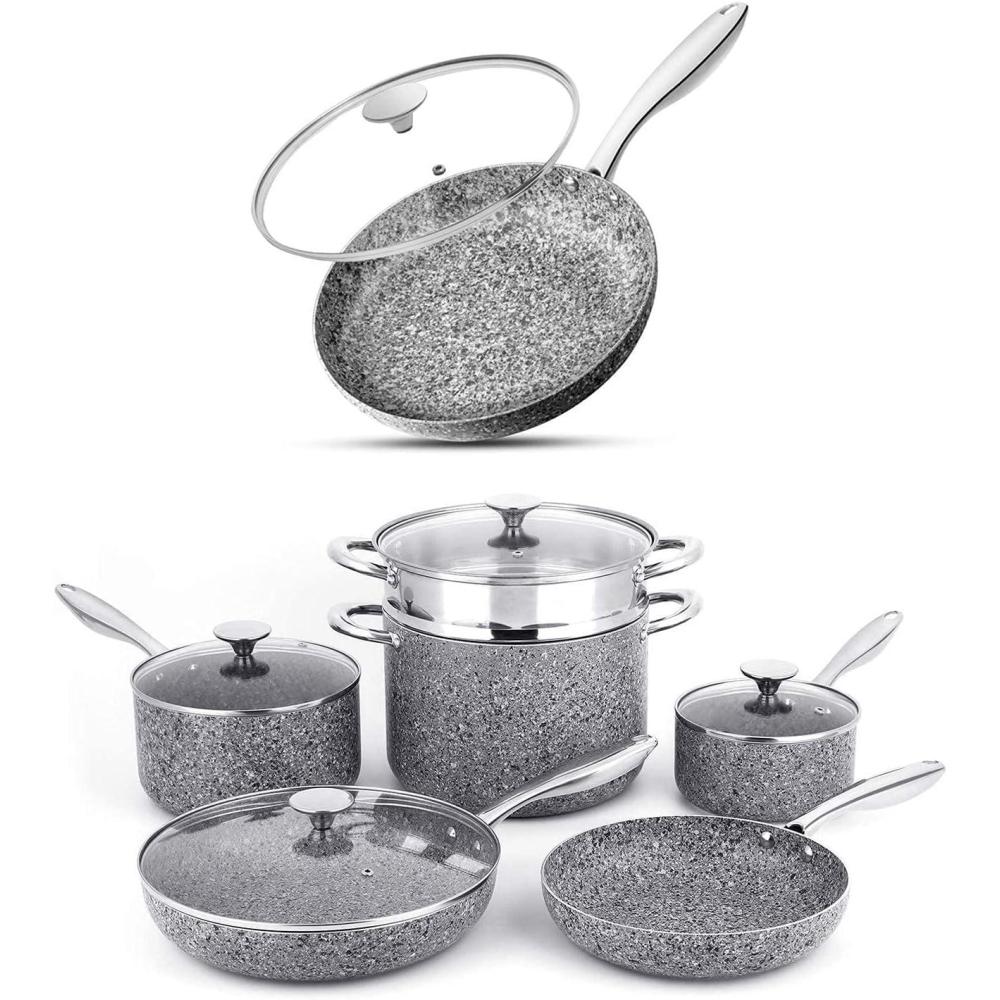 image:imageMichelangelo Stone 10 Piece Cookware Set with 12 Inch Frying Pan Nonstick Aluminum Pots and Pans Heat Resistant Oven Safe