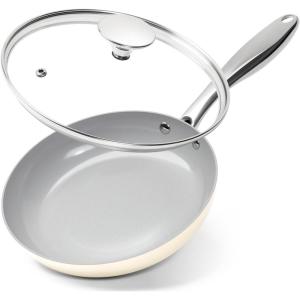 MICHELANGELO Copper Frying Pan Set with Lid, 8″ & 10″ Nonstick Skillets with Lids, Non Stick Frying Pans Set, Ceramic Non Toxic Fry Pans, Induction Compatible(Beige)