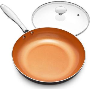 MICHELANGELO Copper Frying Pan Set with Lid, 8″ & 10″ Nonstick Skillets with Lids, Non Stick Frying Pans Set, Ceramic Non Toxic Fry Pans, Induction Compatible(Orange)