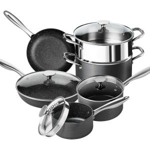 MICHELANGELO Hard Anodized Cookware Set – 10 Pcs Non Stick Pots and Pans Set with Granite Interior, Induction Cookware Set with Steamer Insert(Hard Anodized 10 pcs)