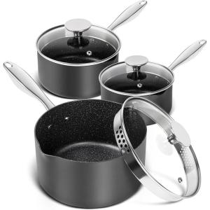 MICHELANGELO Hard Anodized Saucepan Set with Lids, Nonstick Saucepan with Pour Spouts & Strainer Lid for Easy Pour, Granite Derived Coating Sauce Pot Set – 1.5QT & 2QT &3QT Induction Sauce Pans(1.5+2+3 Quarts)