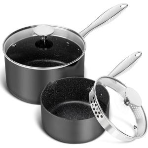 MICHELANGELO Hard Anodized Saucepan Set with Lids, Nonstick Saucepan with Pour Spouts & Strainer Lid for Easy Pour, Granite Derived Coating Sauce Pot Set – 1.5QT & 2QT &3QT Induction Sauce Pans(1.5+3 Quarts)