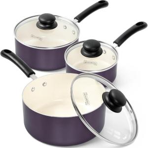 MICHELANGELO Nonstick Sauce Pan with Lid 1QT, 2QT & 3QT, Ceramic Saucepan Set, Copper Sauce pans, Non-Toxic Saucepan, Multipurpose Cooking Pots Set For Home Kitchen, Compatible induction(Purple)